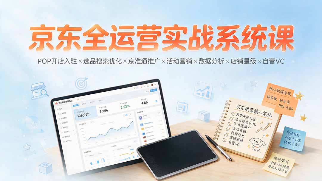 京东全运营实战系统课:POP开店入驻×选品搜索优化×京准通推广×活动营销×数据分析×店铺星级×自营VC-优优云网创