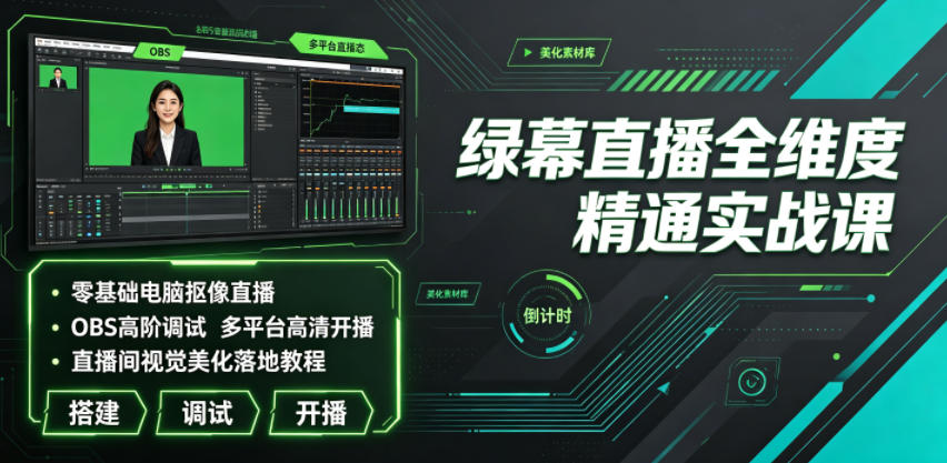 绿幕直播全维度精通实战课|零基础电脑抠像直播、OBS高阶调试、多平台高清开播、直播间视觉美化落地教程-优优云网创