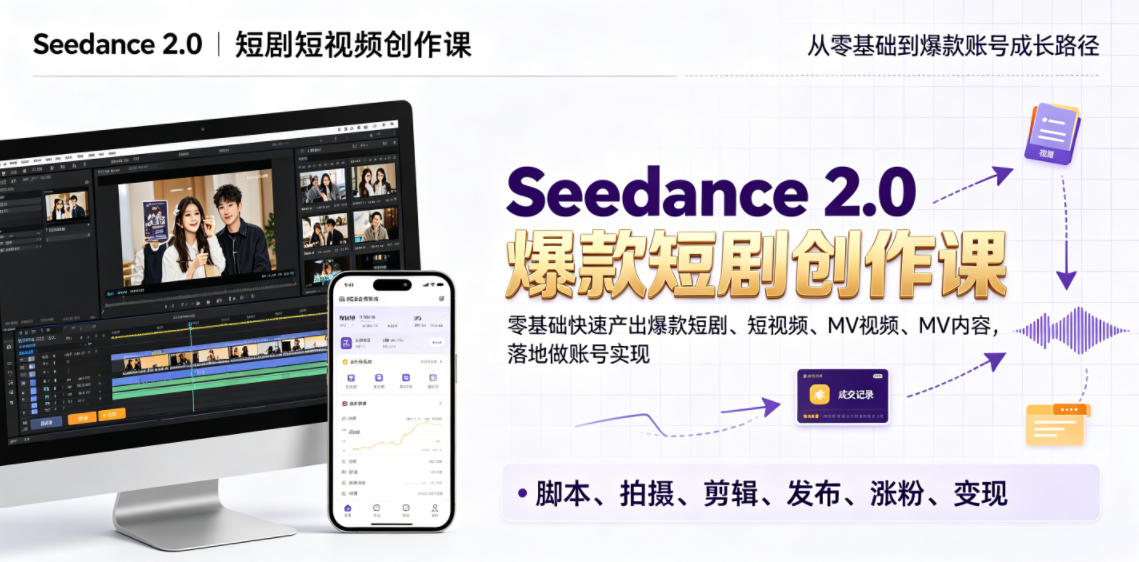 Seedance 2.0短剧短视频创作课,零基础快速产出爆款短剧、短视频、MV内容,落地做账号实现变现-优优云网创