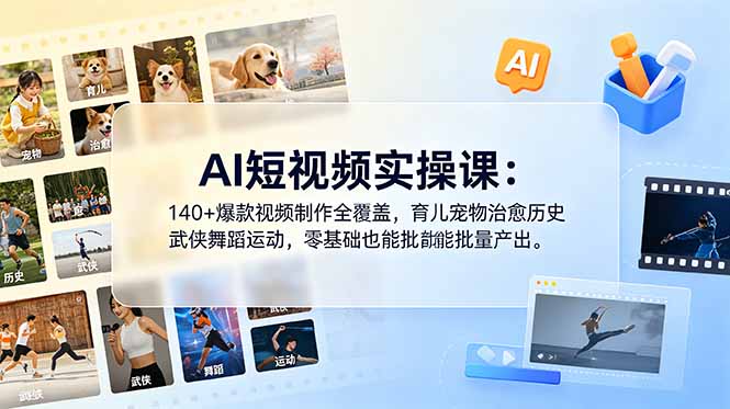 AI短视频实操课:140+爆款视频制作全覆盖,育儿宠物治愈历史武侠舞蹈运动,零基础也能批量产出-优优云网创