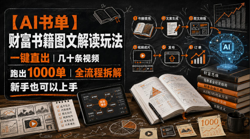 【AI书单】财富书籍图文解读玩法，一键直出，几十条视频，跑出1000单，全流程拆解，新手也可以上手-优优云网创