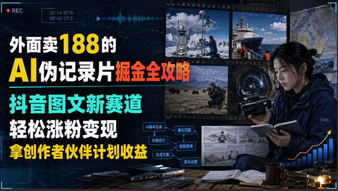 外面卖188的AI伪记录片掘金全攻略，抖音图文新赛道，轻松涨粉变现，拿创作者伙伴计划收益【文档】-优优云网创