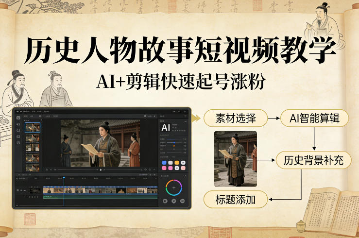 历史人物故事短视频教学,AI+剪辑制作历史人物题材短视频,快速起号涨粉-优优云网创
