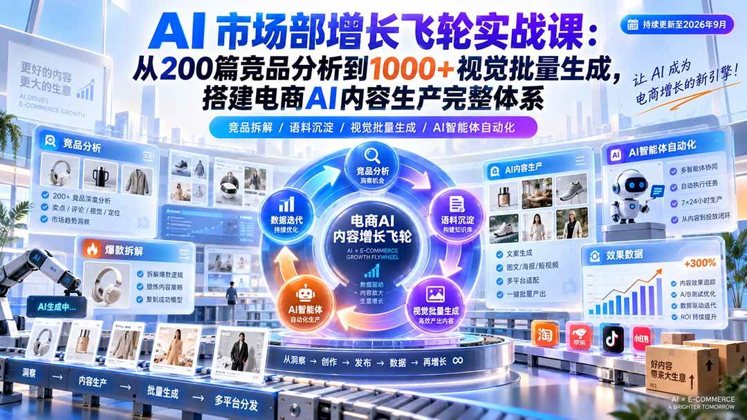 (20436期)AI 市场部增长飞轮实战课:从200篇竞品分析到1000+视觉批量生成,搭建电商AI内容生产完整体系-优优云网创-中创网