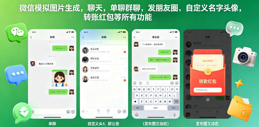微信模拟图片生成,聊天,单聊群聊,发朋友圈,自定义名字头像,转账红包等所有功能都可以生成-优优云网创