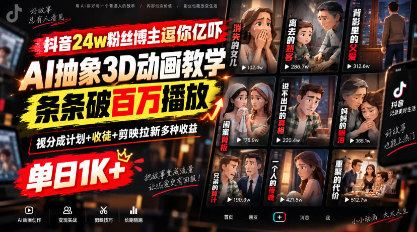 抖音24w粉丝博主逗你亿吓AI抽象3D动画教学，条条破百万播放，分成计划+收徒+剪映拉新多种收益，单日1K+-优优云网创-中创网