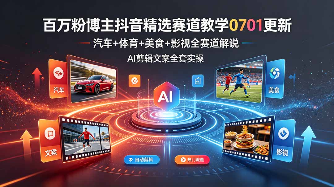 百万粉博主抖音精选赛道教学-0701更新,汽车+体育+美食+影视全赛道解说,AI剪辑文案全套实操-优优云网创