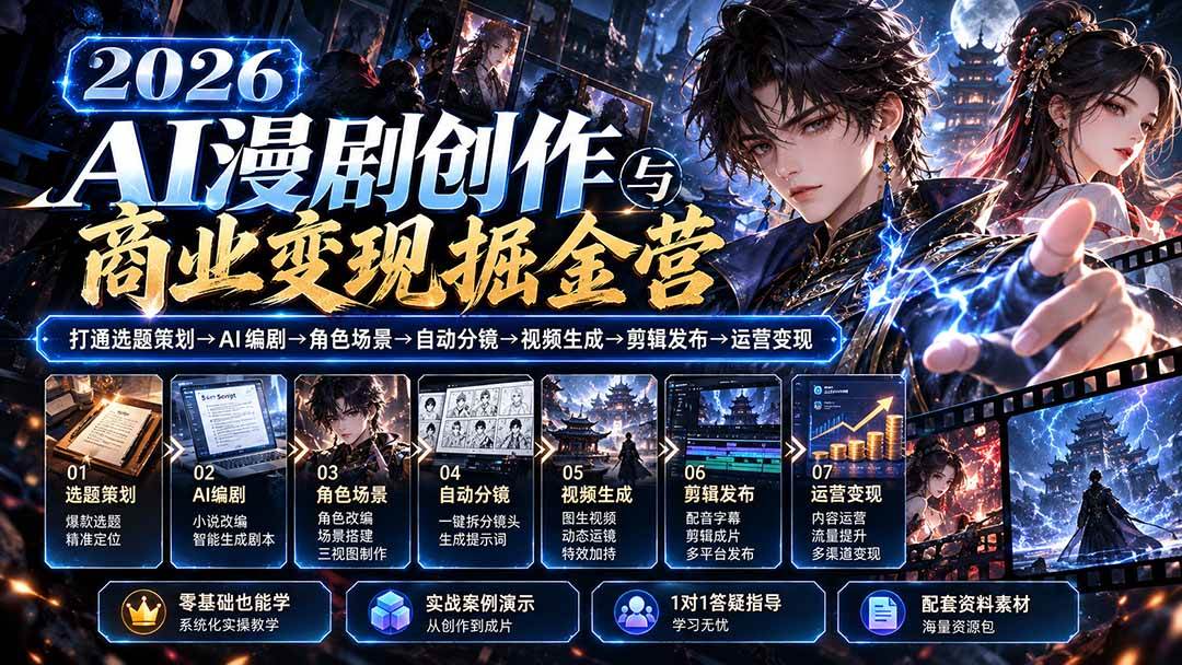 （20906期）【无水印】2026AI漫剧创作与商业变现掘金营：打通选题→AI编剧→角色场景→自动分镜→视频生成→剪辑发布→运营变现-优优云网创-中创网