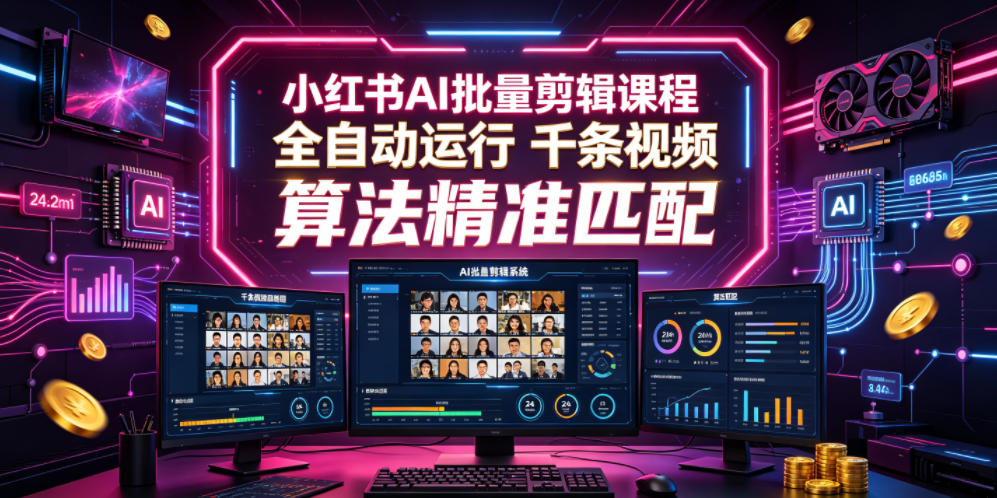 小红书AI批量剪辑课程,24小时全自动运行,解放双手专注运营,千条视频批量处理,小红书算法精准匹配-优优云网创