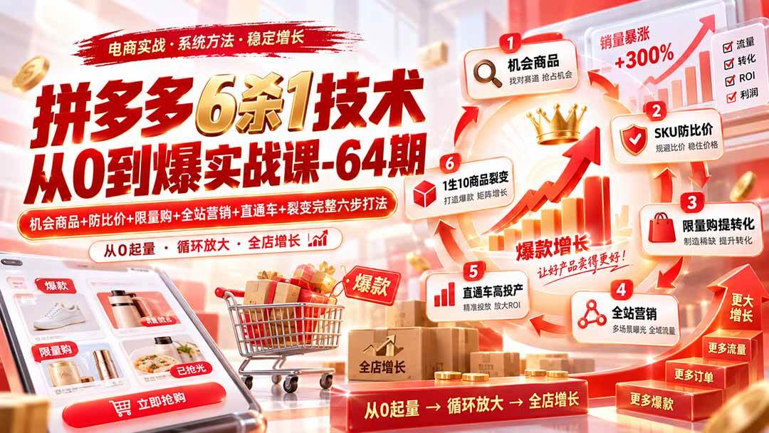 (20315期)拼多多6杀1技术从0到爆实战课-64期:机会商品+防比价+限量购+全站营销+直通车+裂变完整六步打法-优优云网创-中创网