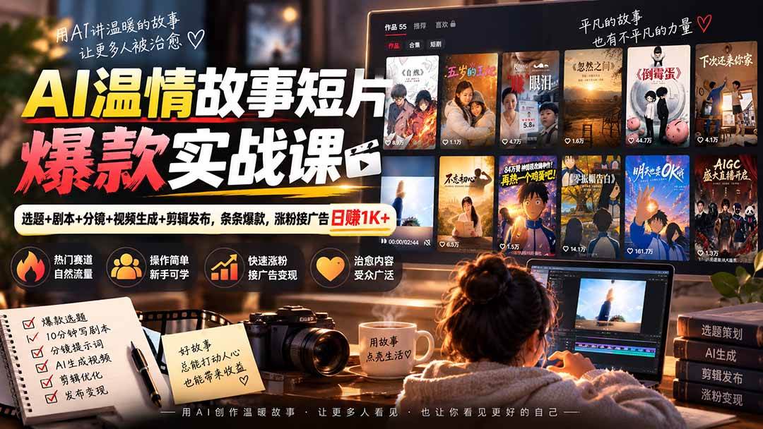(20477期)AI温情故事短片爆款实战课-更新|选题+剧本+分镜+视频生成+剪辑发布,条条爆款,涨粉接广告日赚1K+-优优云网创-中创网