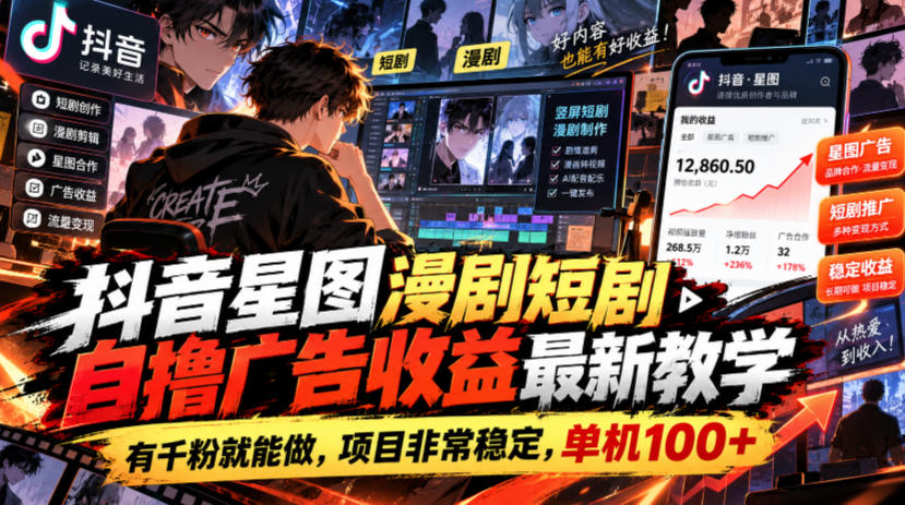 抖音星图漫剧短剧自撸广告收益最新教学，有千粉就能做，项目非常稳定，单机100+-优优云网创-中创网