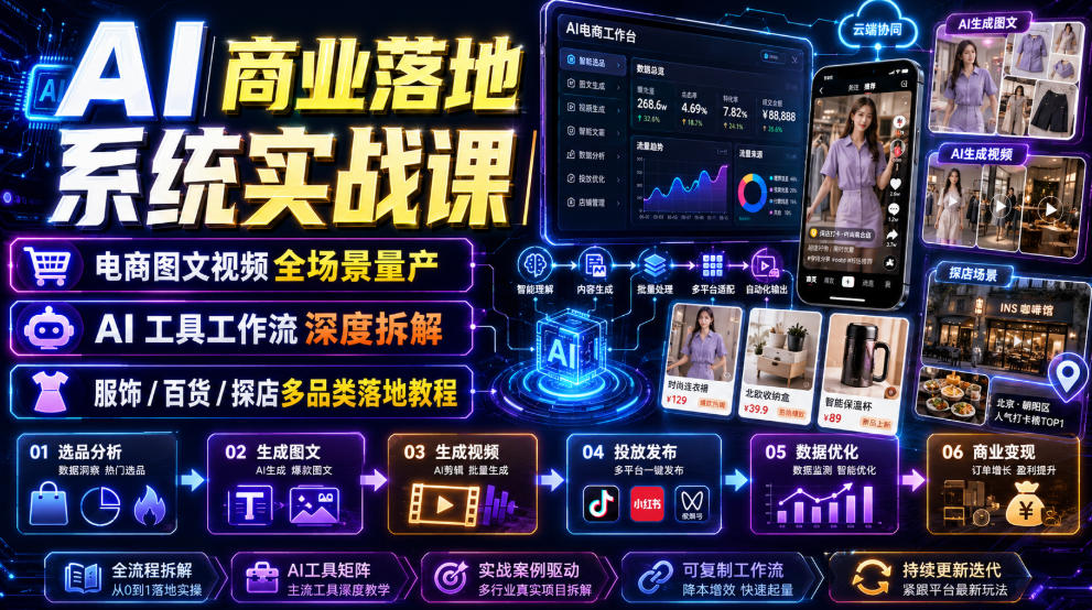 AI商业落地系统实战课｜电商图文视频全场景量产・AI工具工作流深度拆解・服饰/百货/探店多品类落地教程-优优云网创