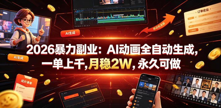 2026暴力副业：AI动画全自动生成，一单上千，月稳2W，永久可做【揭秘】-优优云网创