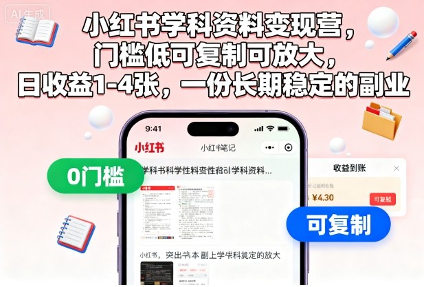 小红书学科资料变现营,门槛低可复制可放大,日收益1-4张,一份长期稳定的副业-优优云网创