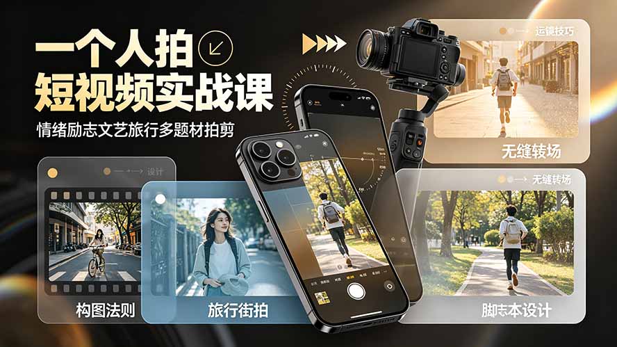 一个人拍短视频实战课:情绪励志文艺旅行多题材×五大景别×黄金构图×八大运镜,从拍摄到成片高效创作-优优云网创