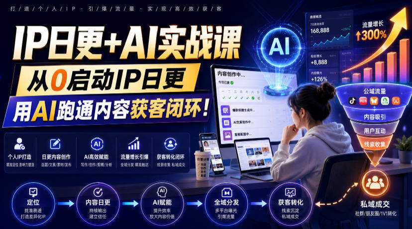 IP日更+AI实战课,从0启动IP日更,IP置顶视频制作+100条选题库搭建+10条日更规划,用AI跑通内容获客闭环!-优优云网创