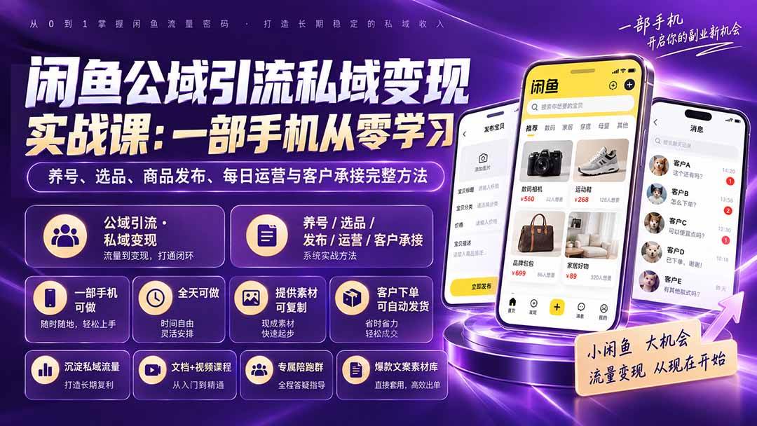 (20322期)闲鱼公域引流私域变现实战课:一部手机从零学习养号、选品、商品发布、每日运营与客户承接完整方法-优优云网创-中创网