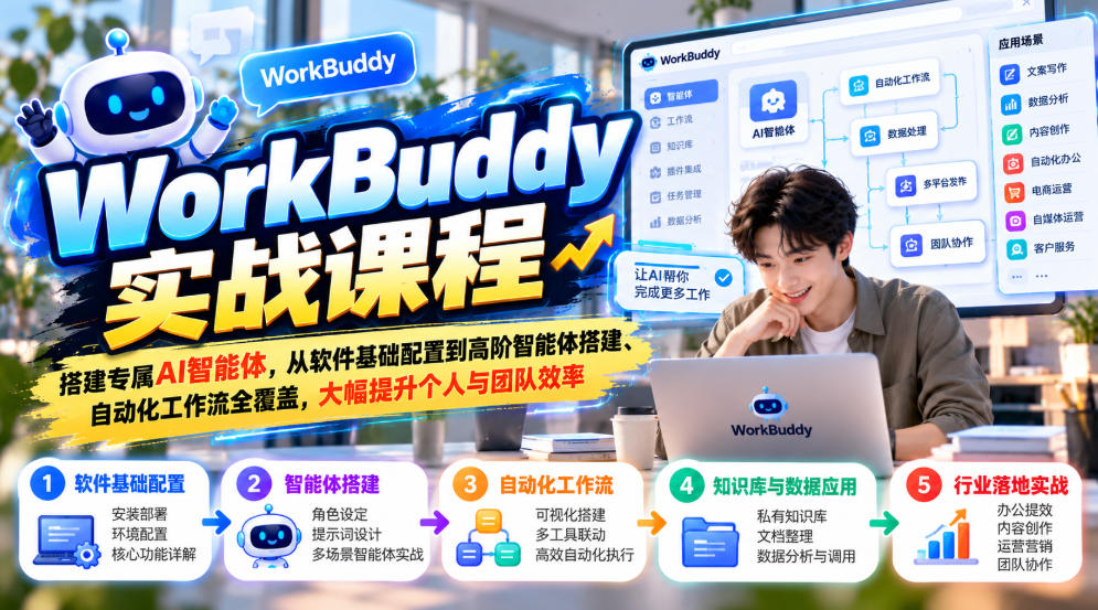 WorkBuddy实战课程,搭建专属AI智能体,从软件基础配置到高阶智能体搭建、自动化工作流全覆盖,大幅提升个人与团队效率-优优云网创-中创网