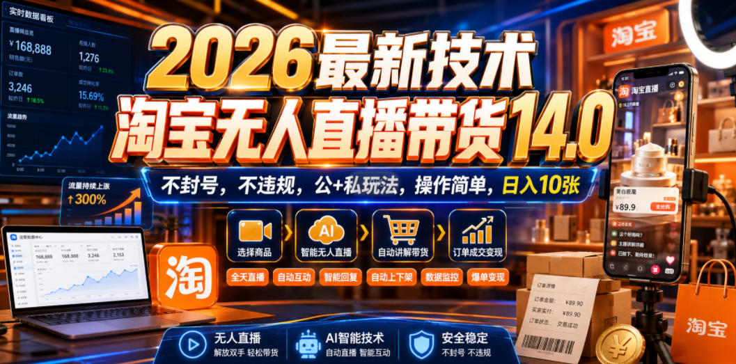 2026最新技术,淘宝无人直播带货14.0,不封号,不违规,公+私玩法,操作简单,日入10张【揭秘】-优优云网创