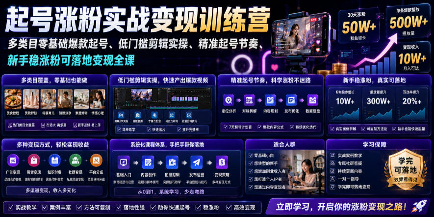 苗子起号涨粉实战变现训练营,多类目零基础爆款起号、精准起号节奏、新手稳涨粉可落地变现全课-优优云网创
