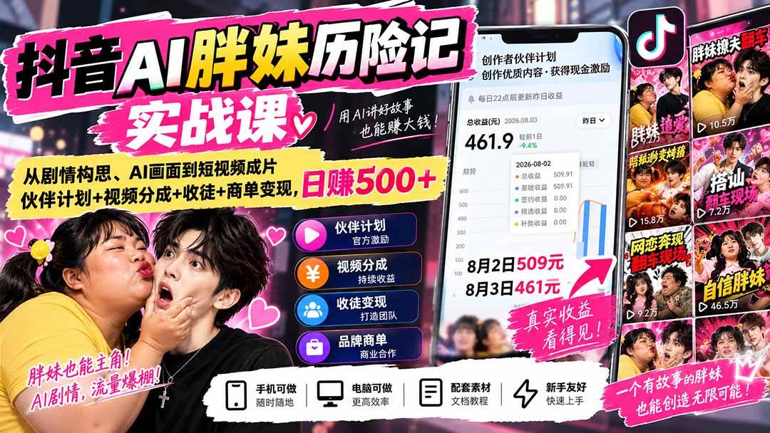 （20489期）抖音AI胖妹历险记实战课：从剧情构思、AI画面到短视频成片，伙伴计划+视频分成+收徒+商单变现，日赚500+-优优云网创-中创网
