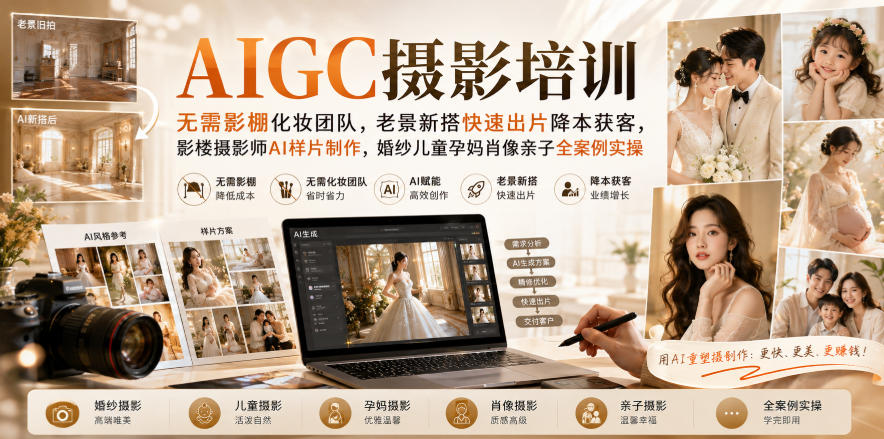AIGC摄影培训|无需影棚化妆团队,老景新搭快速出片降本获客,影楼摄影师AI样片制作,婚纱儿童孕妈肖像亲子全案例实操-优优云网创-中创网