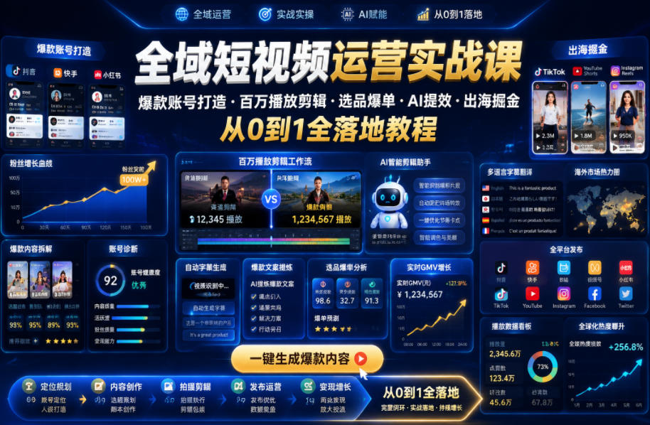 全域短视频运营实战课，爆款账号打造・百万播放剪辑・选品爆单・AI提效・出海掘金，从0到1全落地教程-优优云网创