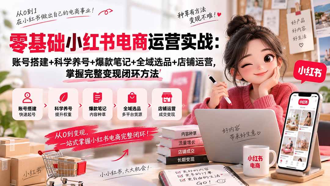 （20467期）零基础小红书电商运营实战：账号搭建+科学养号+爆款笔记+全域选品+店铺运营，掌握完整变现闭环方法-优优云网创-中创网