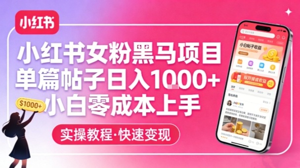 小红书女粉黑马项目,单篇帖子日入1k+,小白零成本上手-优优云网创