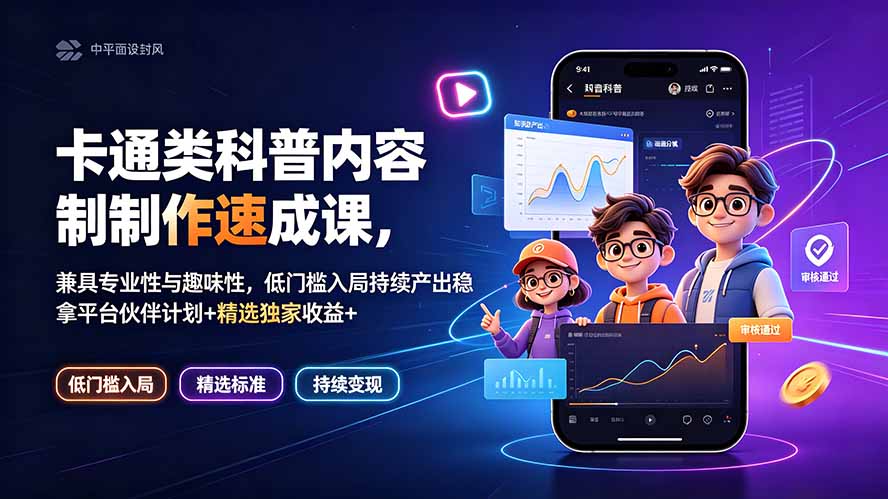 卡通类科普内容制作速成课，兼具专业性与趣味性，低门槛入局持续产出稳拿平台伙伴计划+精选独家收益-优优云网创