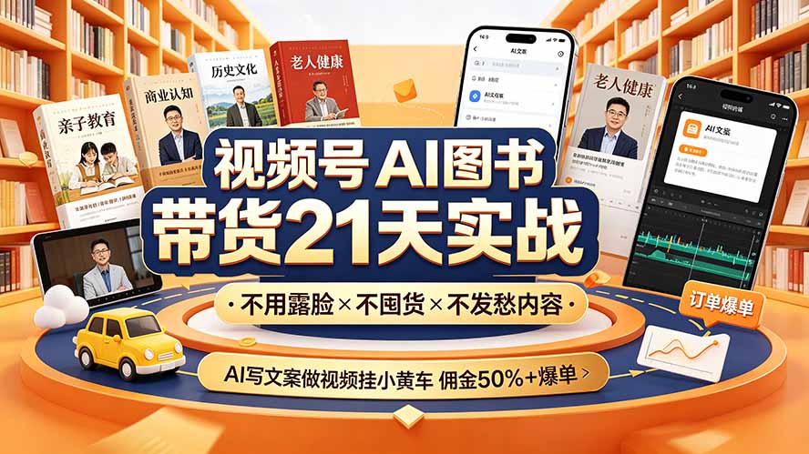 视频号AI图书带货21天实战：不用露脸×不囤货×不发愁内容，AI写文案做视频挂小黄车，佣金50%+爆单-优优云网创