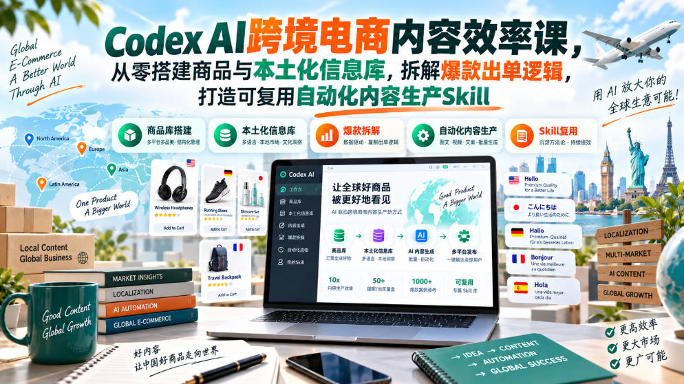 Codex AI跨境电商内容效率课,从零搭建商品与本土化信息库,拆解爆款出单逻辑,打造可复用自动化内容生产Skill-优优云网创-中创网