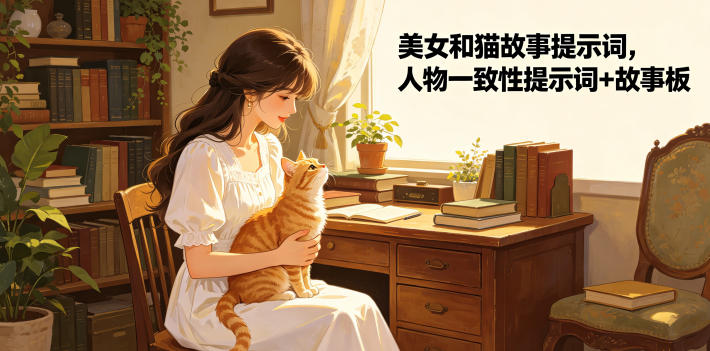美女和猫故事提示词,人物一致性提示词+故事板-优优云网创