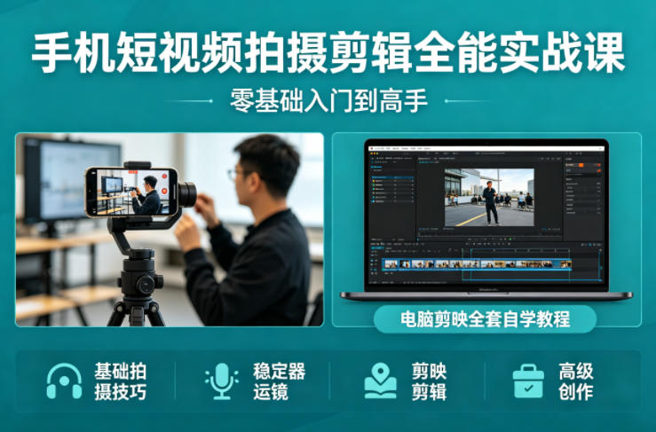手机短视频拍摄剪辑全能实战课:零基础入门到高手,稳定器运镜+电脑剪映全套自学教程-优优云网创