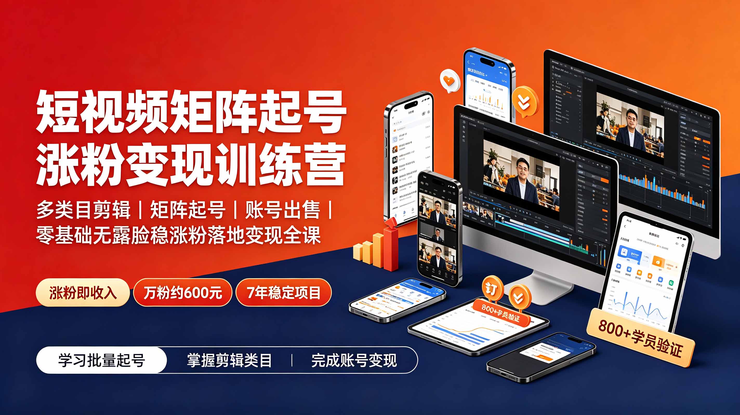 短视频矩阵起号涨粉变现训练营|多类目剪辑·矩阵起号·账号出售,零基础无露脸稳涨粉落地变现全课-优优云网创
