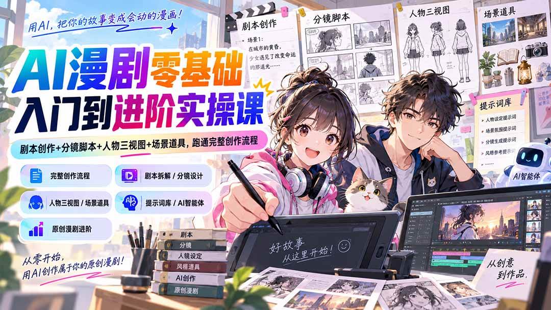 (20352期)AI漫剧零基础入门到进阶实操课:剧本创作+分镜脚本+人物三视图+场景道具,跑通完整创作流程-优优云网创-中创网
