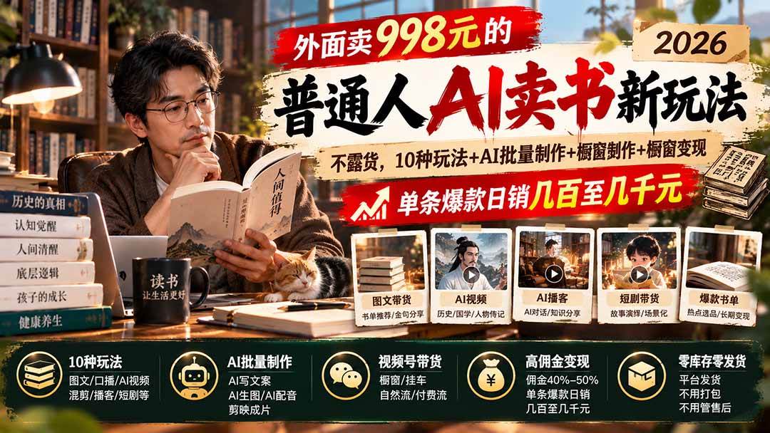 （20909期）外面卖998元的2026普通人AI卖书新玩法：不露脸、不囤货，10种玩法+AI批量制作+橱窗变现，单条爆款日销几百至几千元-优优云网创-中创网