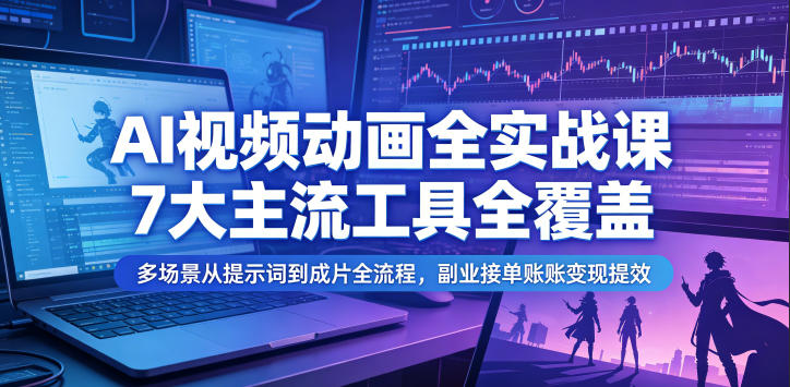 AI视频动画全实战课,7大主流工具全覆盖,多场景从提示词到成片全流程,副业接单账号变现提效-优优云网创