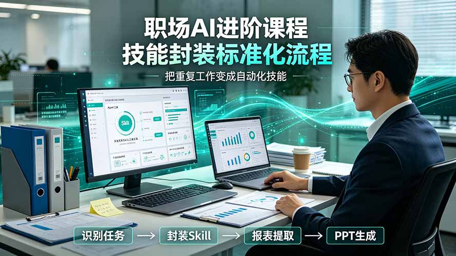 职场AI进阶课程;多类实用Skill工具实操,专属技能封装标准化流程,报表行业报告一键提取核心内容-优优云网创