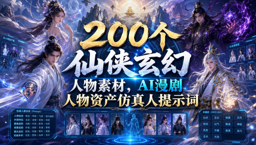 200个仙侠玄幻人物素材,AI漫剧人物资产仿真人提示词-优优云网创