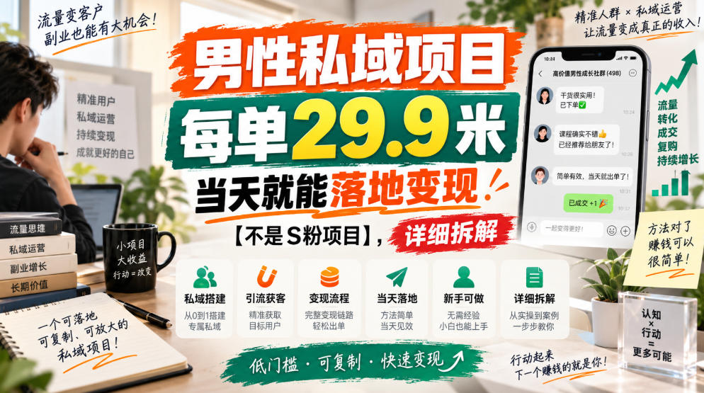 男性私域项目，每单29.9米，当天就能落地变现【不是S粉项目】，详细拆解-优优云网创-中创网