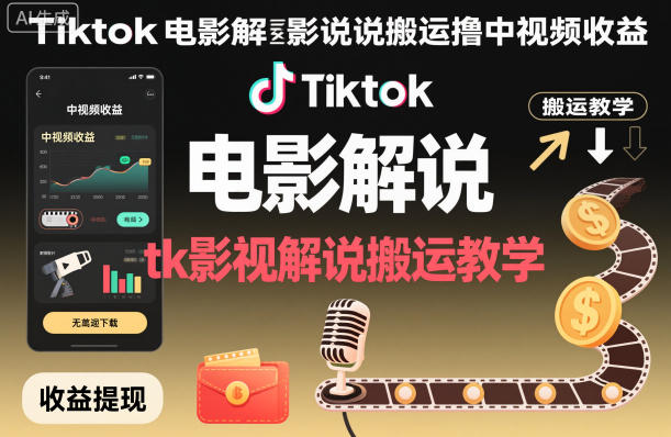 Tiktok电影解说搬运撸中视频收益,tk影视解说搬运教学-优优云网创