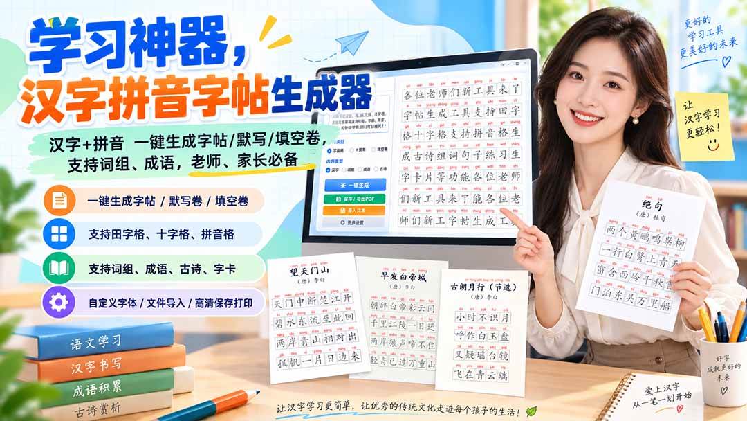 (20299期)学习神器,汉字拼音字帖生成器,汉字+拼音 一键生成字帖/默写/填空卷,支持词组、成语,老师、家长必备-优优云网创-中创网