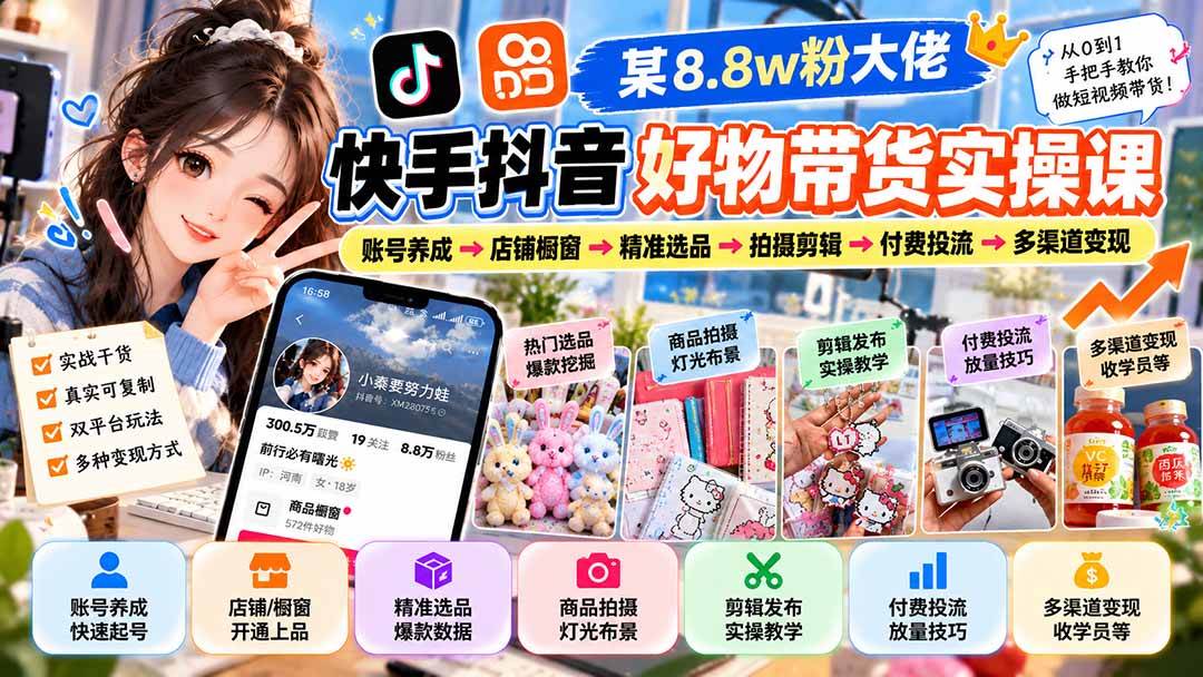 (20733期)某8.8w粉大佬快手抖音好物带货实操课:账号养成→店铺橱窗→精准选品→拍摄剪辑→付费投流→多渠道变现-优优云网创-中创网