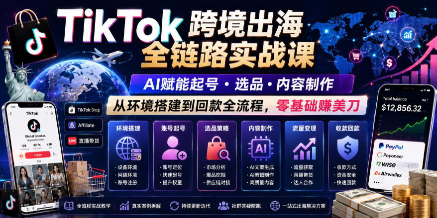 TikTok跨境出海全链路实战课，AI赋能起号・选品・内容制作，从环境搭建到回款全流程，零基础賺美刀-优优云网创