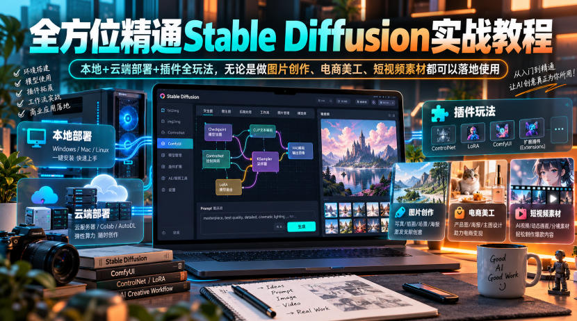 全方位精通Stable Diffusion实战教程｜本地+云端部署+插件全玩法，无论是做图片创作、电商美工、短视频素材都可以落地使用-优优云网创-中创网