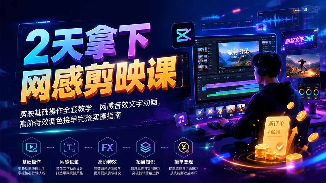 2天拿下网感剪辑课|剪映基础操作全套教学,网感音效文字动画,高阶特效调色接单完整实操指南-优优云网创