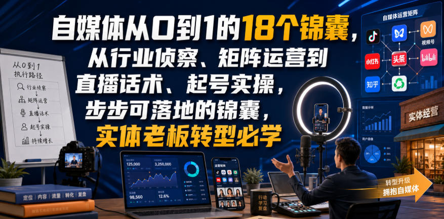 自媒体从0到1的18个锦囊,从行业侦察、矩阵运营到直播话术、起号实操,步步可落地的锦囊,实体老板转型必学-优优云网创