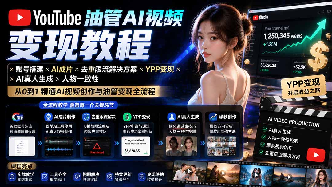 YouTube油管AI视频变现教程:账号搭建×AI成片×去重限流解决方案×YPP变现×AI真人生成×人物一致性-优优云网创